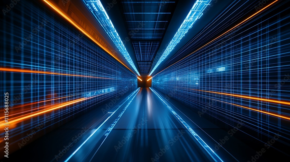 Poster futuristic neon data tunnel with glowing lines and high-tech patterns in blue and orange colors