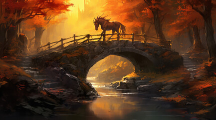 Glowing Sunset with Horse on Bridge – Magical Landscape Wall Art