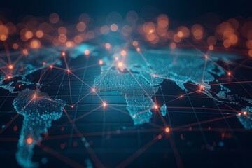 Obraz premium Digital network connections highlighted on a glowing world map displaying data points and interconnected nodes