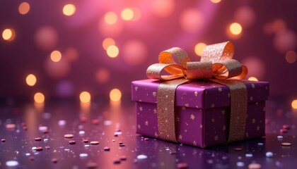 Beautifully wrapped purple gift box with glittering gold ribbon against festive lights