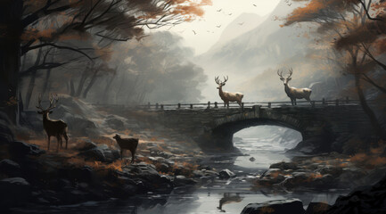 Misty Bridge and Deer in Serene Forest Landscape – Peaceful Nature Scene