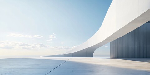 Fototapeta premium Modern white architectural building with artistic and abstract design, featuring a clean, minimalist background. The spacious ground and sky offer an ideal setting for an automotive advertisement back