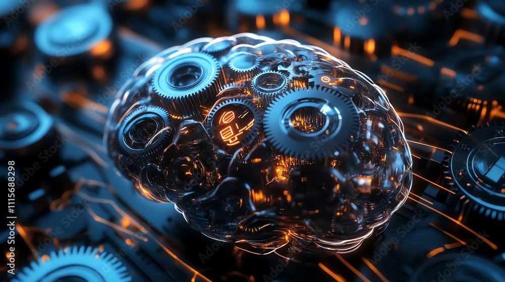 Poster a 3d rendering of a human brain made of gears and cogs, representing the concept of artificial intel