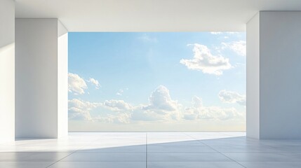 Fototapeta premium Modern white architectural building with artistic and abstract design, featuring a clean, minimalist background. The spacious ground and sky offer an ideal setting for an automotive advertisement back