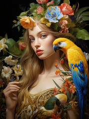 Parrot and Woman Fantasy Portrait – Vibrant Tropical Concept Art