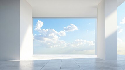 Fototapeta premium Modern white architectural building with artistic and abstract design, featuring a clean, minimalist background. The spacious ground and sky offer an ideal setting for an automotive advertisement back