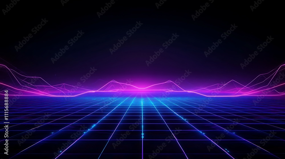 Poster futuristic neon landscape with abstract lines and grid pattern in dark background