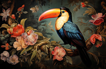 Colorful Toucan with Flowers – Tropical Wildlife Wall Art