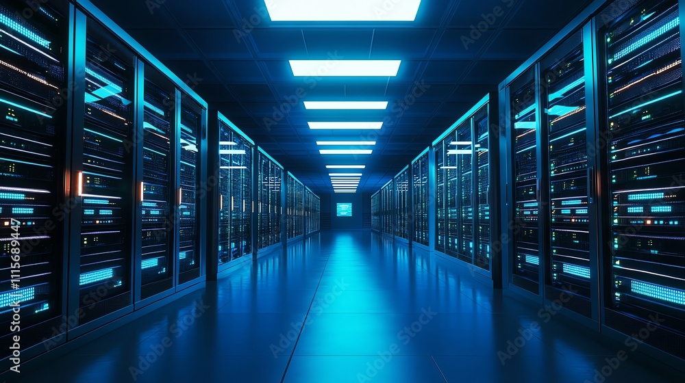 Poster empty server room with blue lights and rows of servers.