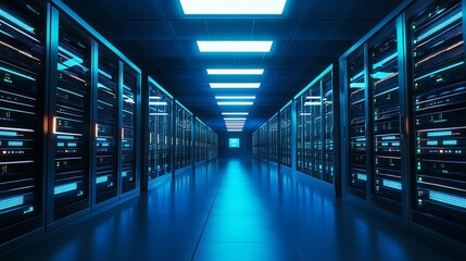 Fototapeta premium Empty server room with blue lights and rows of servers.