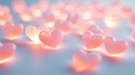 3D rendering of glowing hearts on a white background. Valentine's Day concept. A simple and minimalistic design,