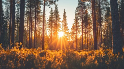 Obraz premium Golden Hour Sunset in Pine Forest Nature Landscape Photography