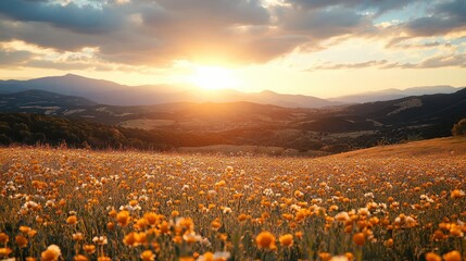 Golden Sunset Over Wildflower Meadow Mountain Landscape