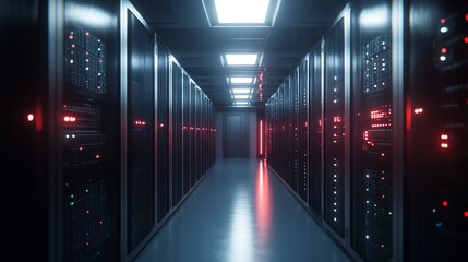 Fototapeta premium A long, narrow hallway lined with rows of server racks, lit with bright white and red lights.