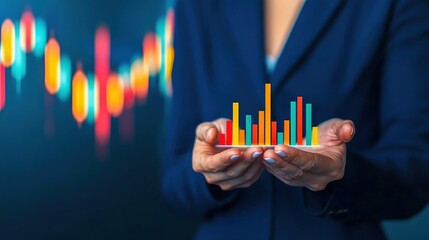 Professional businesswoman holding colorful bar graph demonstrating growth and success in data analysis and financial performance.