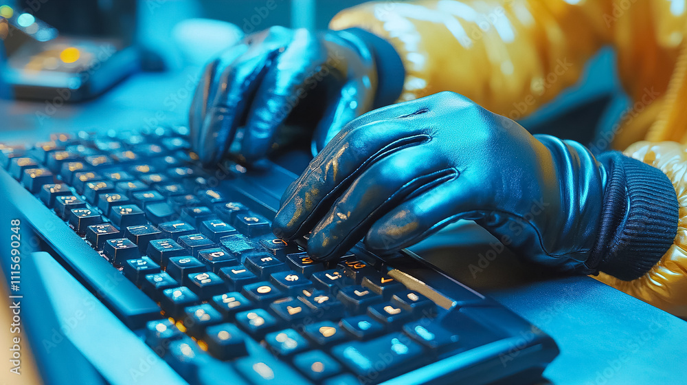 Poster person wearing black gloves typing on a keyboard in a dimly lit environment with a blue and yellow c