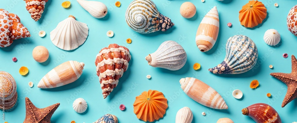 Poster a blue background with a variety of shells and starfish scattered across it. the shells come in diff