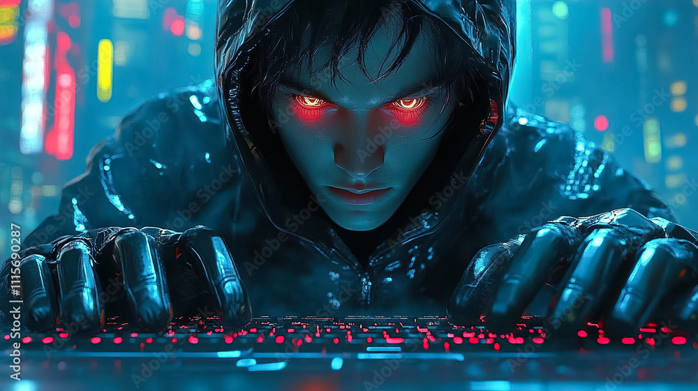 Poster futuristic hacker immersed in neon-lit digital environment during nighttime with intense focus on gl