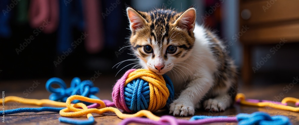 Poster a kitten is playing with a ball of yarn. the kitten is small and cute, and it seems to be enjoying i