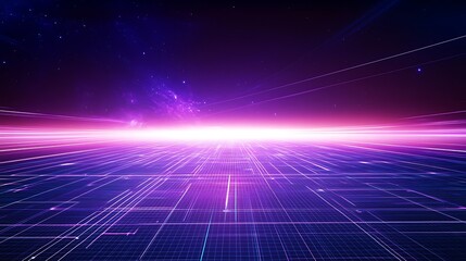 Futuristic neon landscape with vibrant grid patterns and cosmic background effects in purple and pink hues