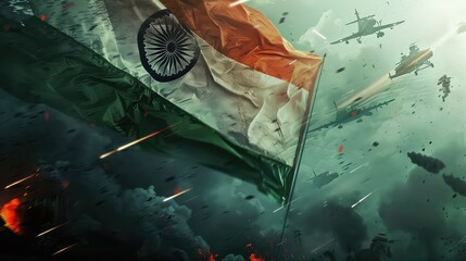 Indian Armed Forces Flag Day, 7th December. Armed forces with military vehicles, Fighter jet, Helicopter, Tank, Rocket Defence, Rocket Launcher. Craft Indian Flag