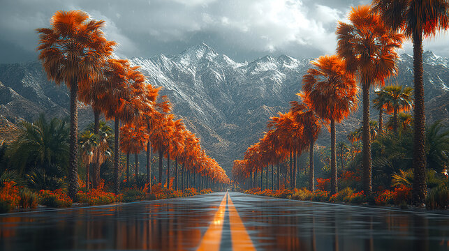 Vibrant palm trees line the scenic road with snow-capped mountains in the background during a cloudy autumn day. Generative AI