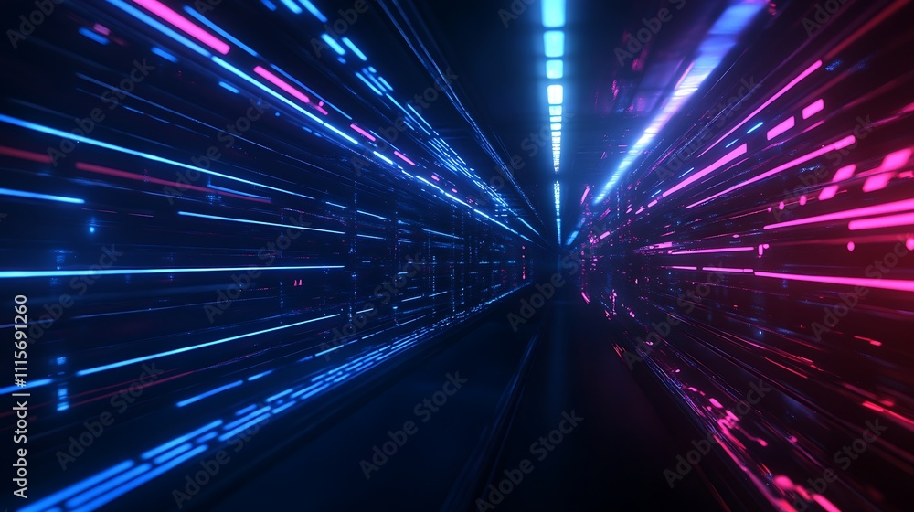 Poster futuristic neon tunnel with glowing blue and pink lights creating a dynamic motion effect in a digit