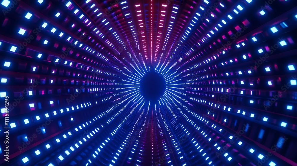 Poster Futuristic Neon Tunnel with Dynamic Light Patterns in Blue and Purple Shades Creating a Sci-Fi Atmosphere
