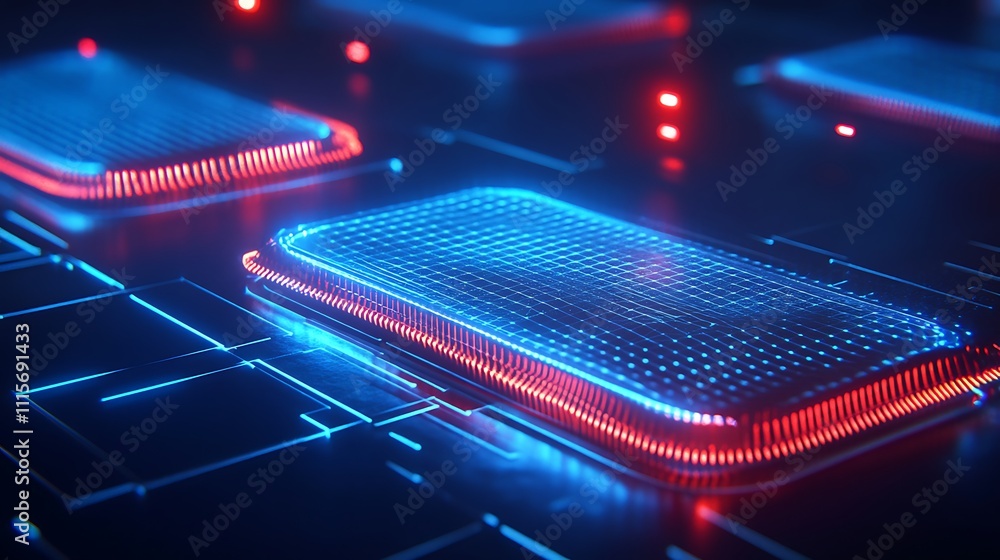 Poster futuristic network interface with glowing elements and blue red neon lights for technology concepts