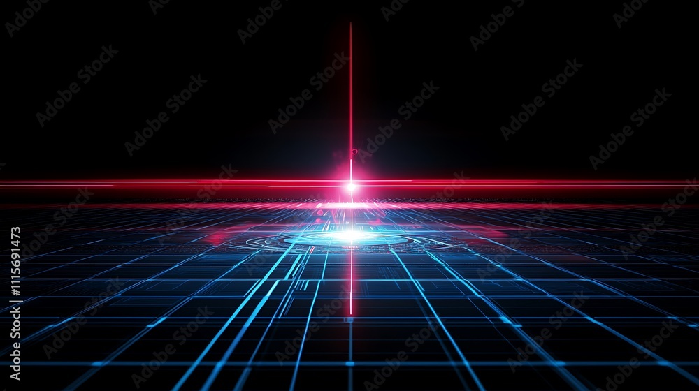 Poster futuristic red and blue laser beam projecting light in dark space with grid background and circular 