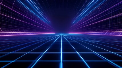 Futuristic Neon Tunnel with Vibrant Lights and Grid Patterns for Sci-Fi or Technology Theme Projects