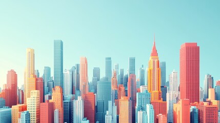 Obraz premium Colorful city skyline featuring modern skyscrapers against a bright sky.