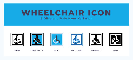 Wheelchair icon symbol set. outline. glyph black. flat color and filled line color.