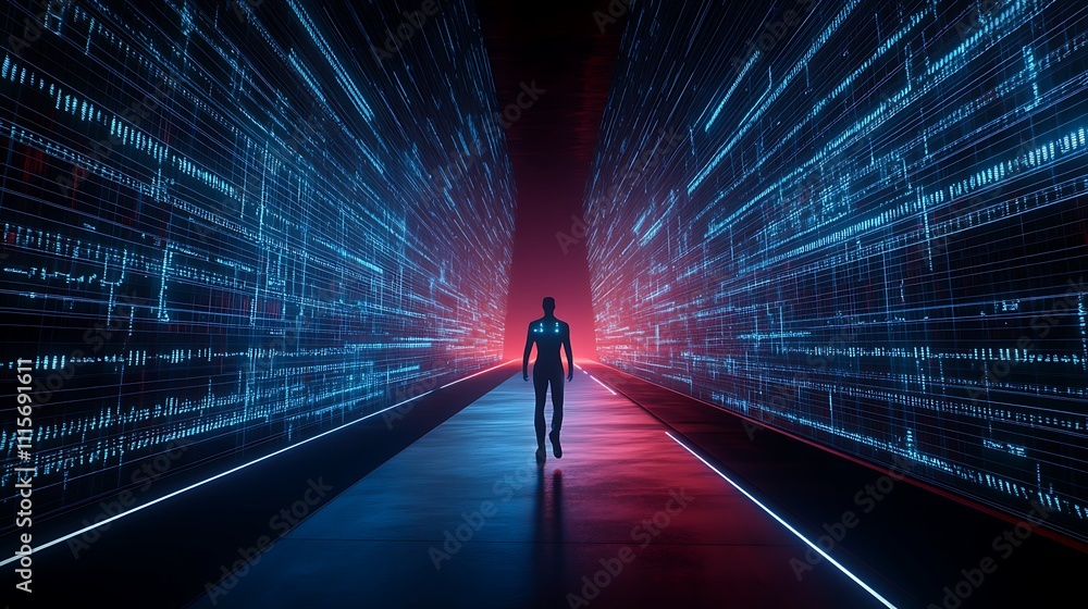 Poster futuristic scene with silhouette of a figure walking through digital data streams in neon glow