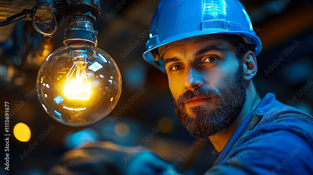 Aufkleber bright light contrasts with dark surroundings while a worker observes the bulb in a workshop during 