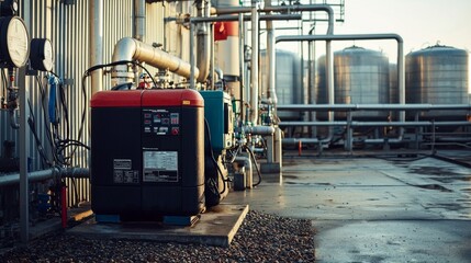 Naklejka premium Industrial setting with generator water treatment plant and tanks