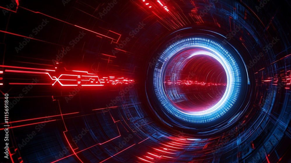 Poster futuristic tunnel with red and blue neon lights creating a sci-fi illusion of speed and depth