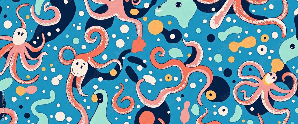 Poster a colorful pattern of octopi with a blue background. the octopi are in various positions and sizes, 