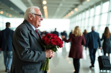 Meeting at the airport: an elderly man is waiting impatiently for his beloved in the arrivals hall with a bouquet of red roses. The concept of love through the years