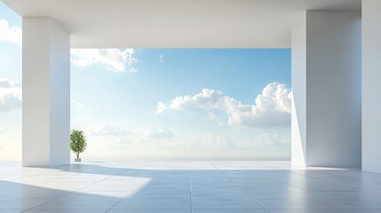 Fototapeta premium Modern white architectural building with artistic and abstract design, featuring a clean, minimalist background. The spacious ground and sky offer an ideal setting for an automotive advertisement back