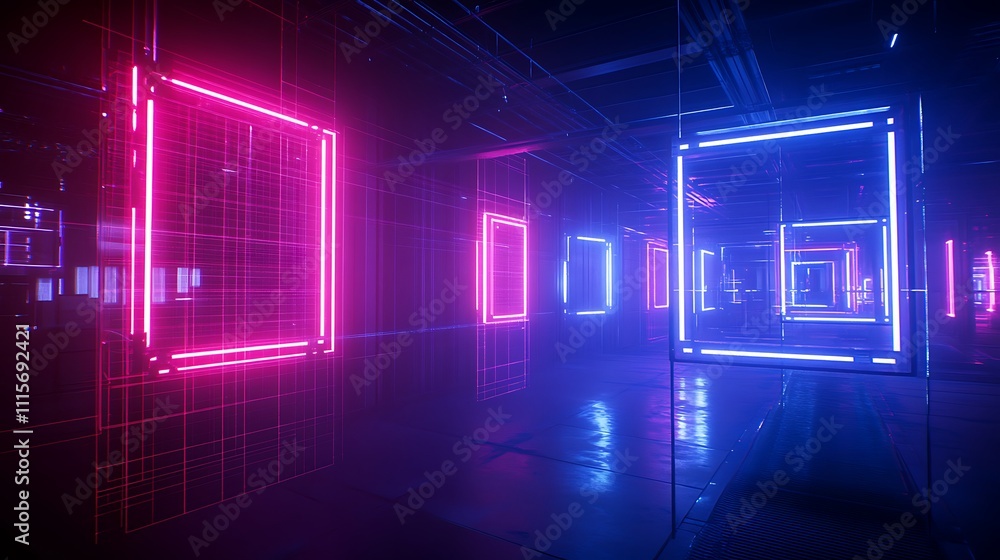 Poster neon light display with futuristic frames inside a dark digital environment