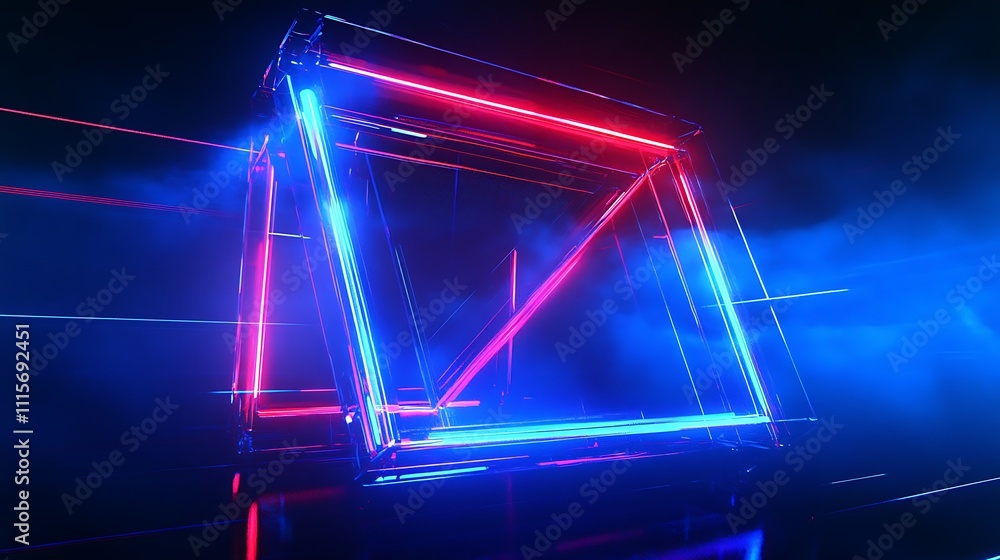 Poster neon light structure with blue and red illumination in a dark foggy environment for abstract backgro