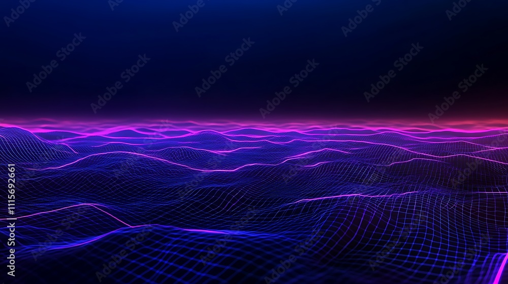 Aufkleber neon waves in dark space with glowing lines and abstract mesh surface effect for futuristic backgrou