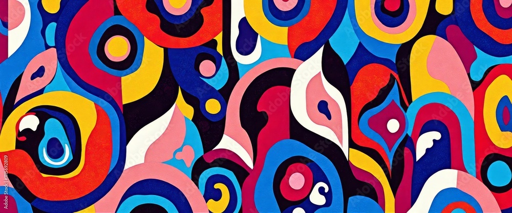 Poster a colorful abstract painting with many different shapes and colors. the painting is made of paper an
