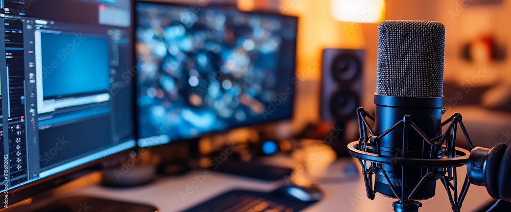 Poster a microphone in front of computer screens, suggesting audio production.