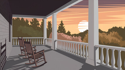 Sunset view from a cozy porch with rocking chairs in a serene countryside setting
