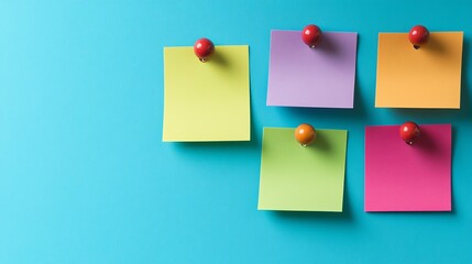 Five colorful sticky notes pinned to a blue wall.