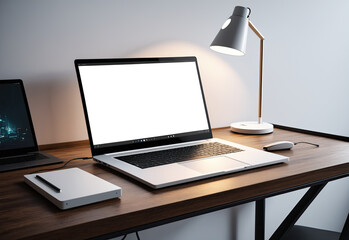 Laptop and tablet on a marble table accompanied by a steaming cup of coffee, modern and minimalistic furnishings, white sofa in the background, large window overlooking the cityscape, sleek digital
