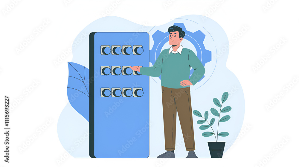 Poster man interacting with a control panel in a modern office environment with plants and gears in backgro