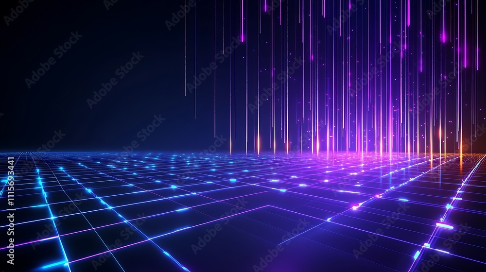 Poster vibrant abstract digital background with glowing lines and dots in purple and blue gradient patterns